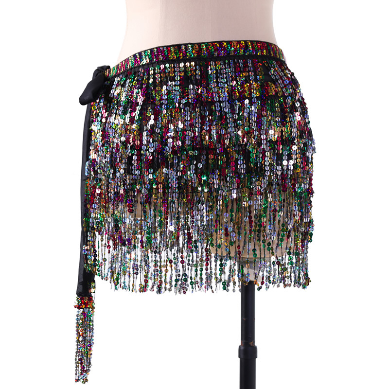 Sequins belly dance hip scarf skirt with paillette tassel for halloween christmas New Year Party Y1019